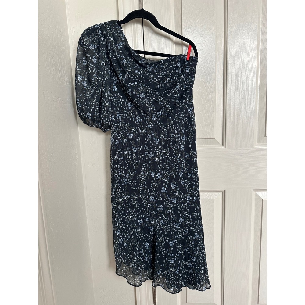 Jenny Yoo Blue‎ Floral Jacqua Assymetrical One-Shoulder Puff Sleeve Dress 10